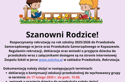 Rekrutacja do Przedszkola Samorządowego w Jerce oraz w Kopaszewie